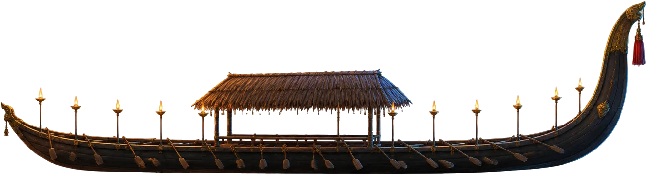 The Hundred Oars, perahu ular kayu tiga puluh meter dengan buritan menjulang dan deretan lampu minyak