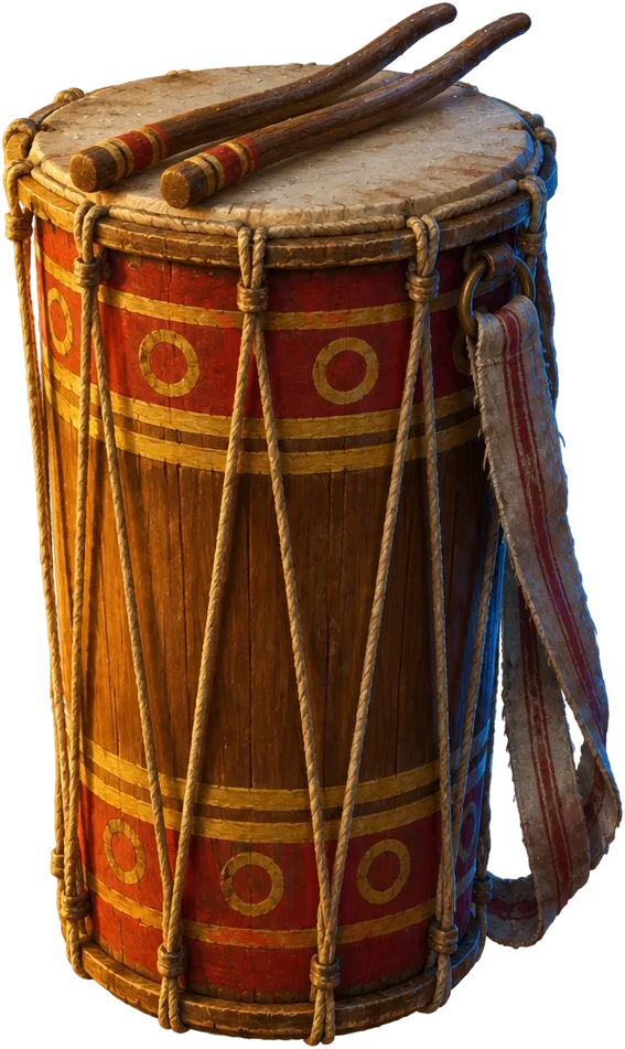 Genderang silinder kayu berlingkar merah dan emas dengan dua stik melengkung