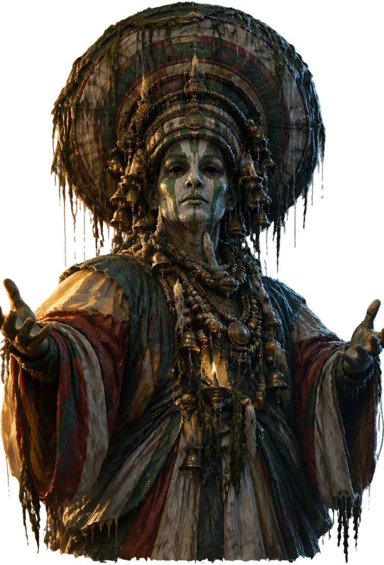 Drowned Player raksasa bangkit dari laguna, headdress basah meneteskan air, wajah lukisnya luntur pucat